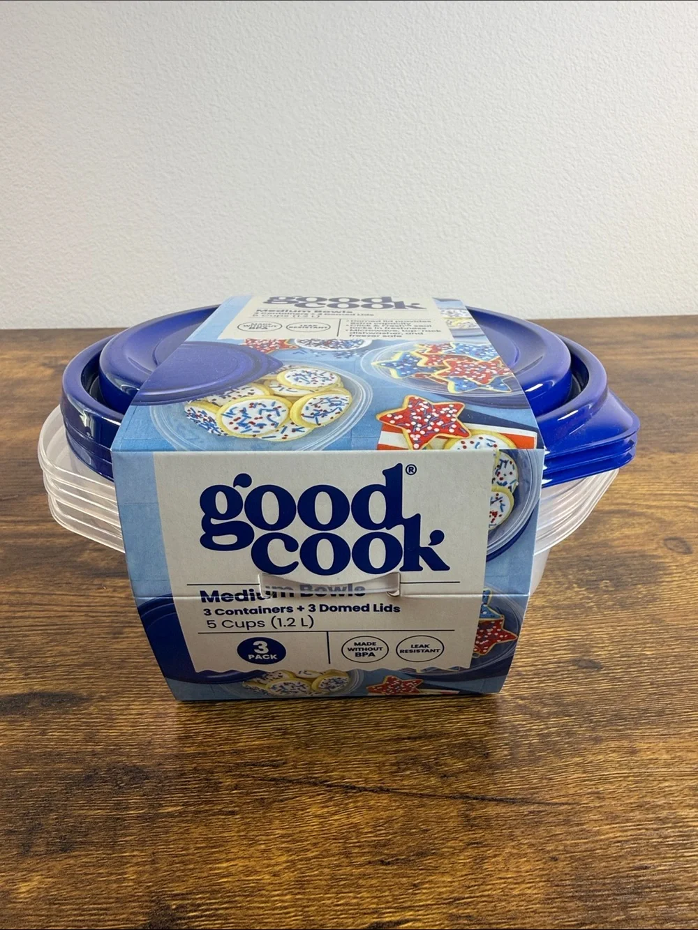 Good Cook Blue Plastic Food Storage Bowls with Lids - 3 Pack - 5 cups- 1.2 L